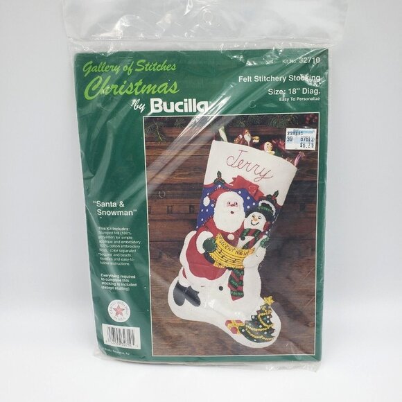 VTG Bucilla Santa Snowman Felt Stocking Kit 32710 Applique Embroidery NEW SEALED